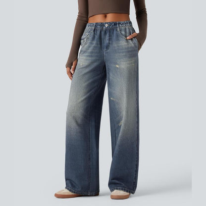 Halara Mid Rise Denim Print French Terry Casual Sweatpants Jeans with Pockets