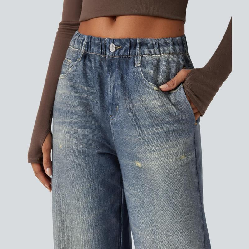 Halara Mid Rise Denim Print French Terry Casual Sweatpants Jeans with Pockets