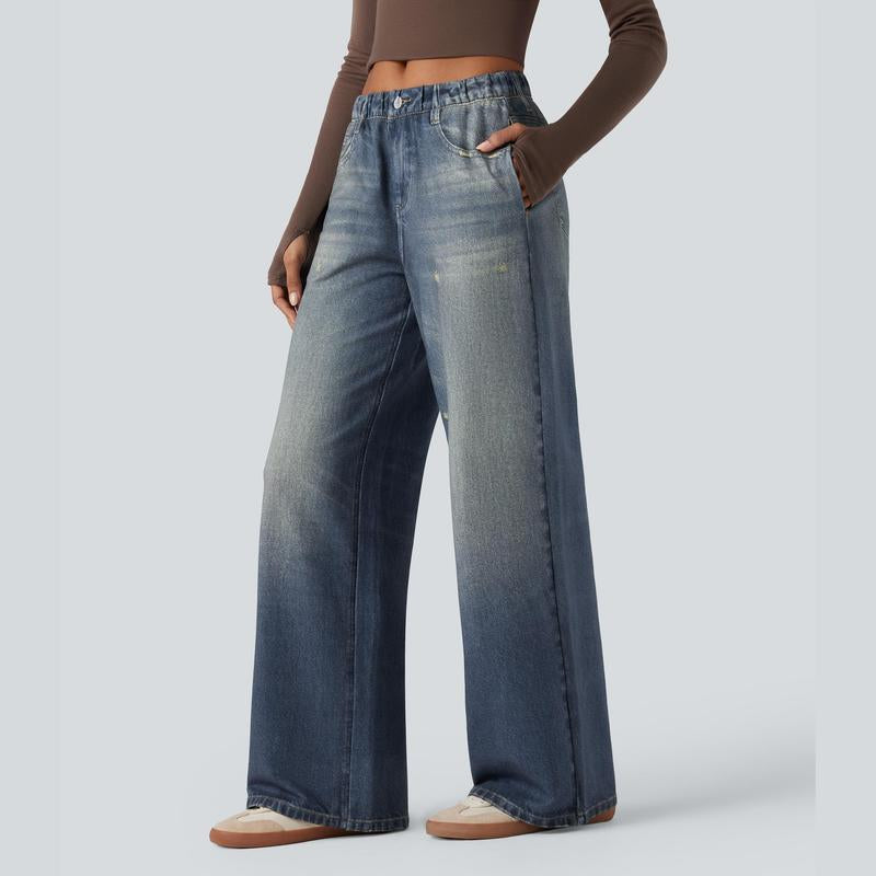 Halara Mid Rise Denim Print French Terry Casual Sweatpants Jeans with Pockets