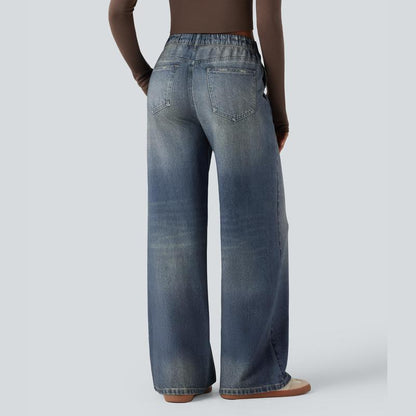 Halara Mid Rise Denim Print French Terry Casual Sweatpants Jeans with Pockets