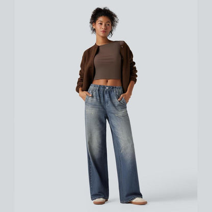 Halara Mid Rise Denim Print French Terry Casual Sweatpants Jeans with Pockets